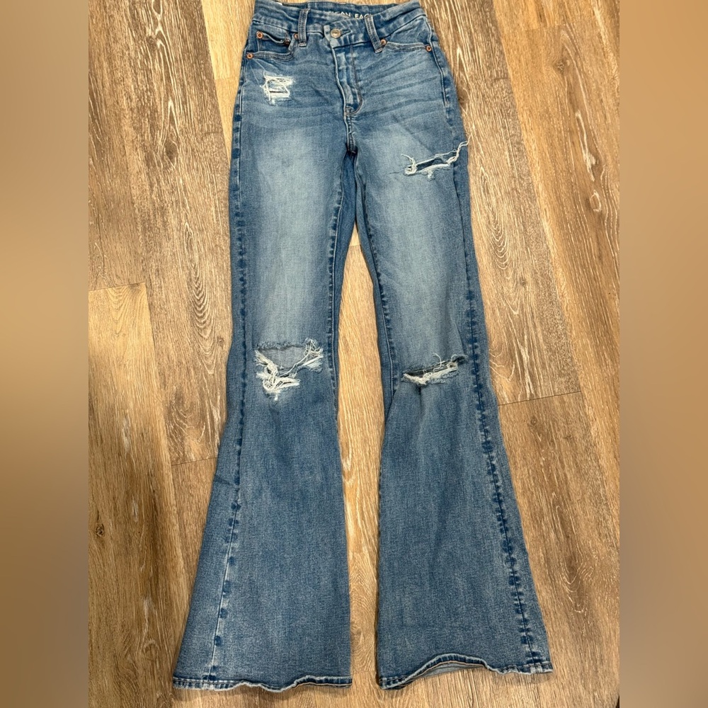 American Eagle Outfitters Blue Distressed Flare Jeans